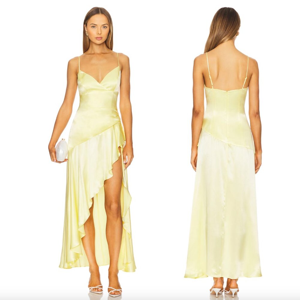 Bardot Pale Yellow Satin Midi Dress with Ruffle High-Low Hem